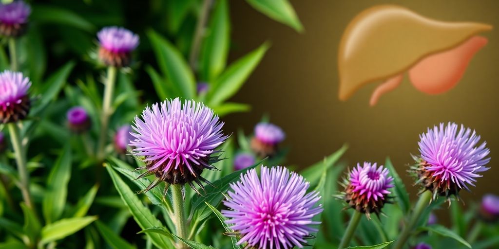Milk thistle plants with purple flowers and green leaves.