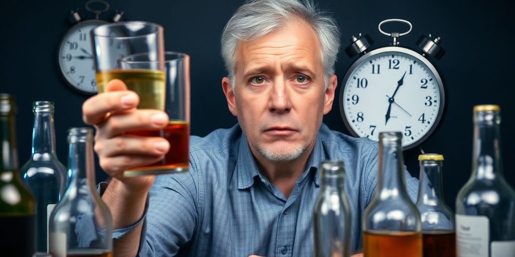 A worried person with a drink and empty bottles.