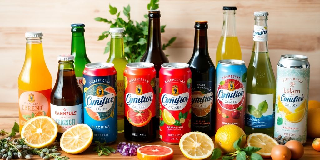 Variety of low and no-alcohol drinks on a table.