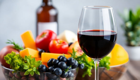 Glass of red wine with fresh fruits and vegetables.