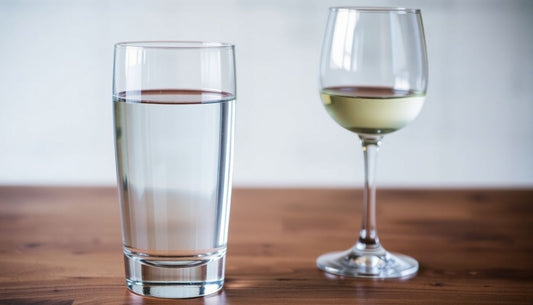 A glass of water beside a wine glass on a table.