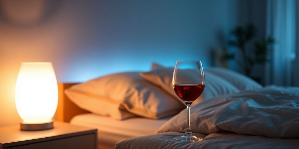 A glass of wine in a dimly lit bedroom.