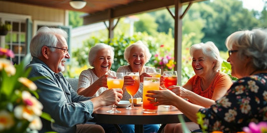 Seniors celebrating with drinks on a sunny patio.