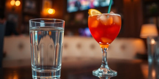 Glass of water next to a colorful cocktail in ambiance.