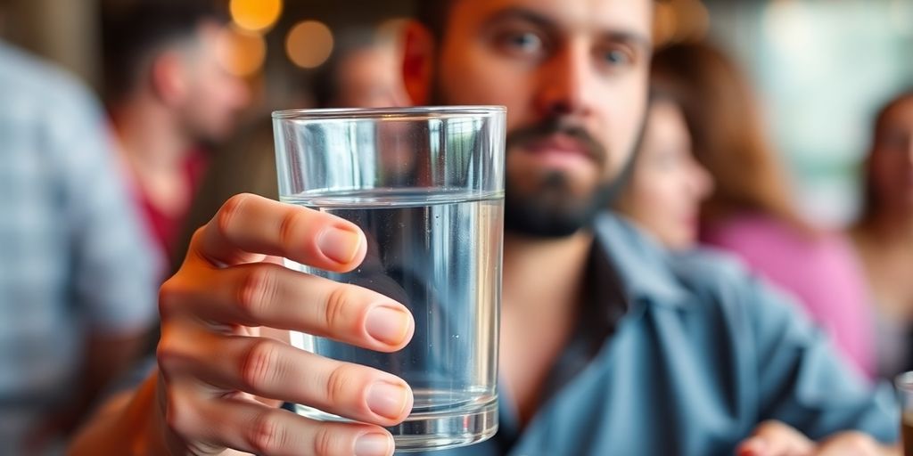 Person contemplating choice between water and alcohol in social setting.