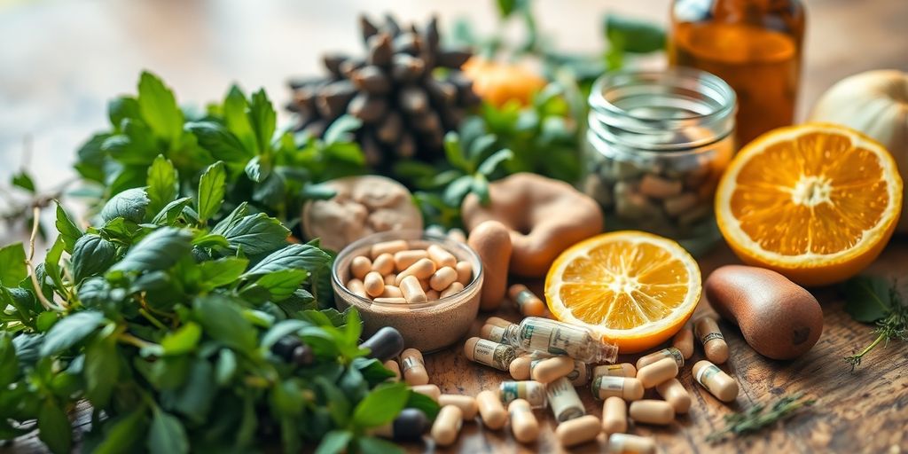 Fresh herbs and fruits for holistic alcohol recovery.