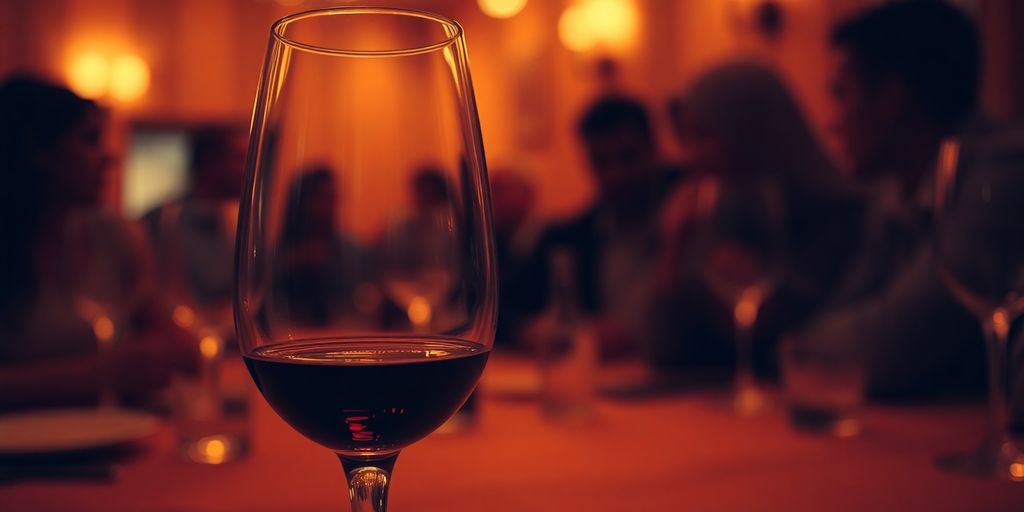 Wine glass in dim light reflecting social drinking atmosphere.