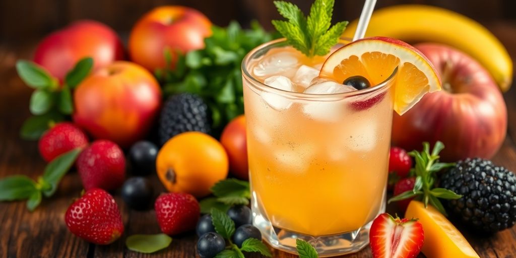 A colorful mocktail with fruits and herbs on a table.