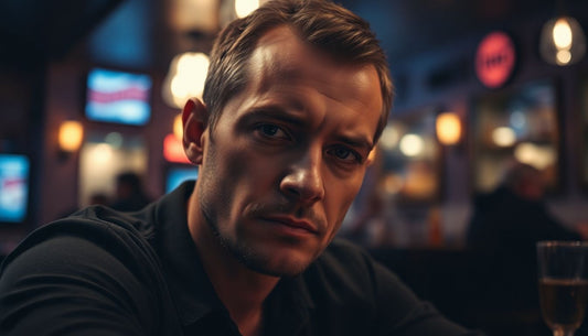 Sad man at a bar, reflecting on alcohol's effects.