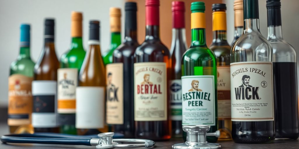 Alcohol bottles in a clinical setting with a stethoscope.