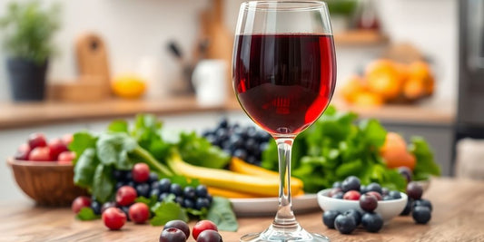 Glass of red wine with healthy foods on a table.