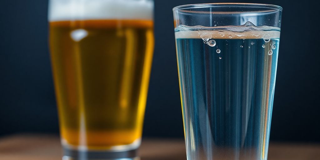 Glass of water next to a glass of beer.