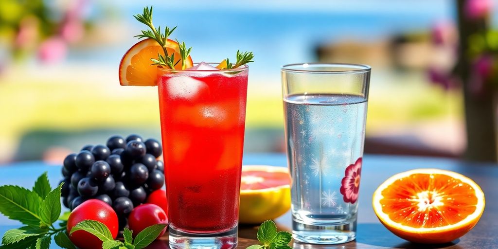 Colorful drinks on a table promoting healthy drinking habits.