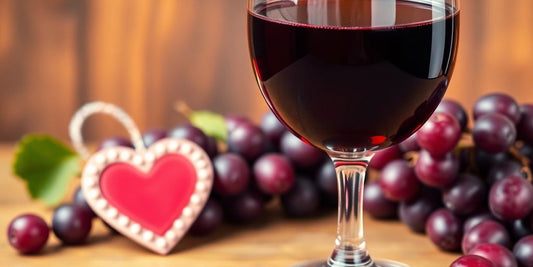 Glass of red wine with grapes on a wooden table.