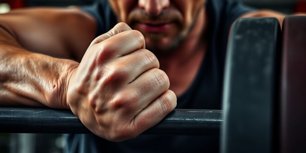 Close-up of a weightlifter gripping a barbell.