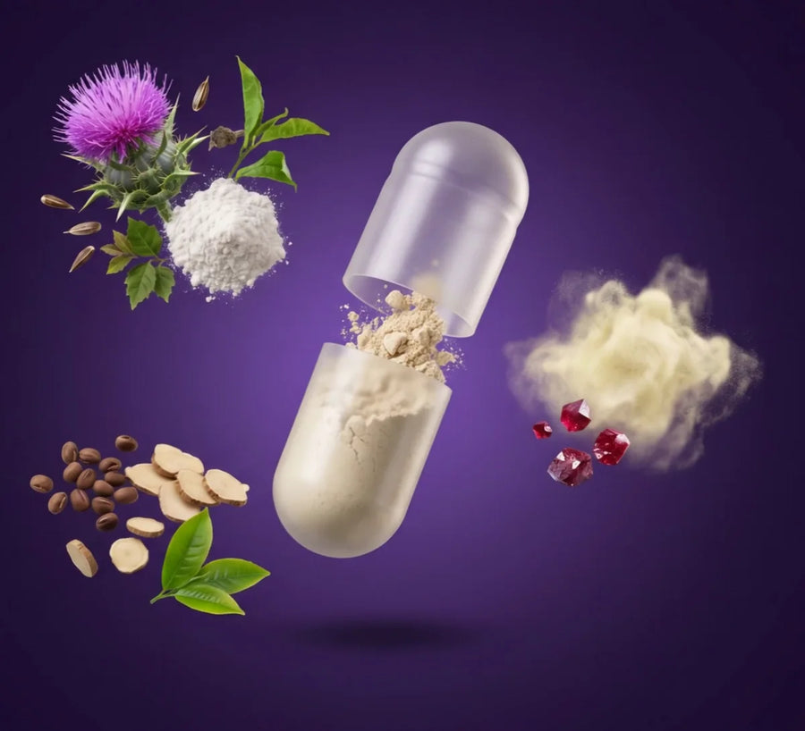 A Daily Restore capsule opened: milk thistle and tea for the liver, B vitamins, and seeds and root for mood and focus