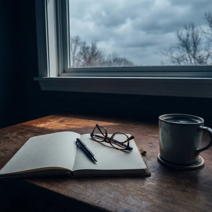 A notebook, glasses and cold coffee on a desk