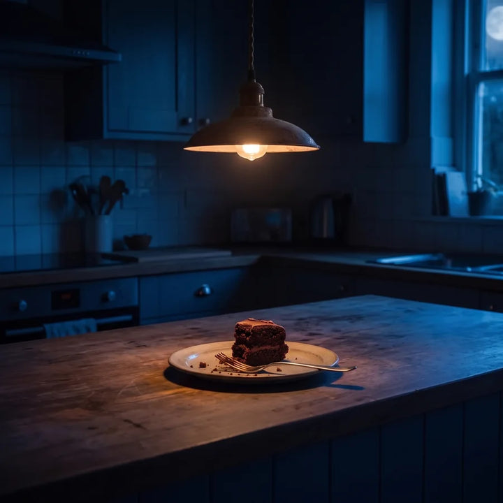 A half-eaten slice of cake on a kitchen counter at night