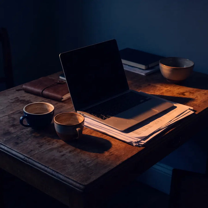 Two empty coffee cups on a desk in late-afternoon light
