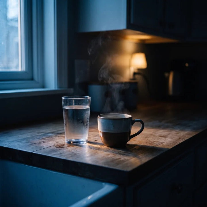 A glass of water and a mug of coffee on a kitchen counter at dawn