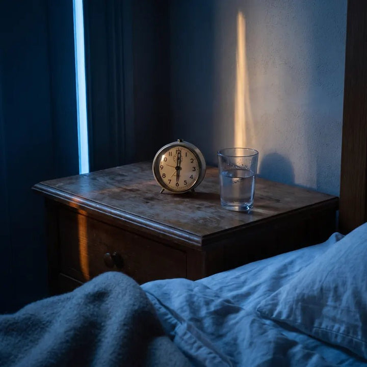 An alarm clock on a nightstand before dawn
