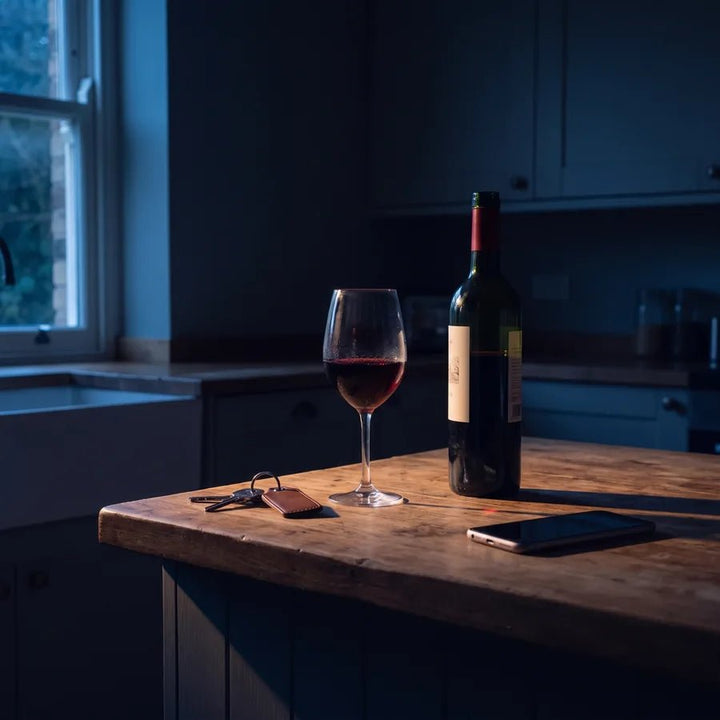 A freshly poured glass of red wine on a kitchen counter at dusk