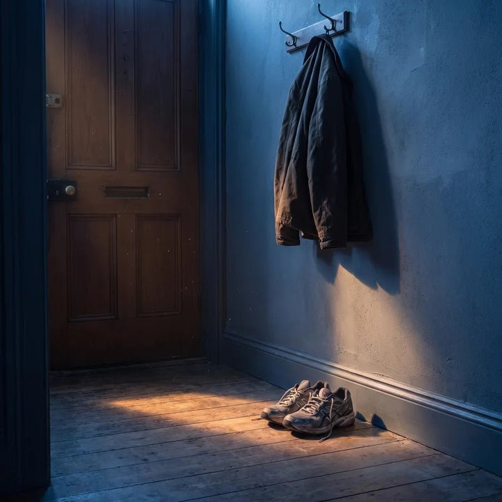 Running shoes by the front door in early-morning light