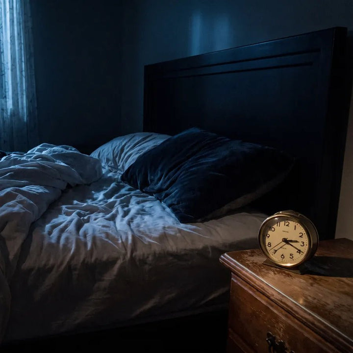 A tangled bed and a clock at 3 a.m.