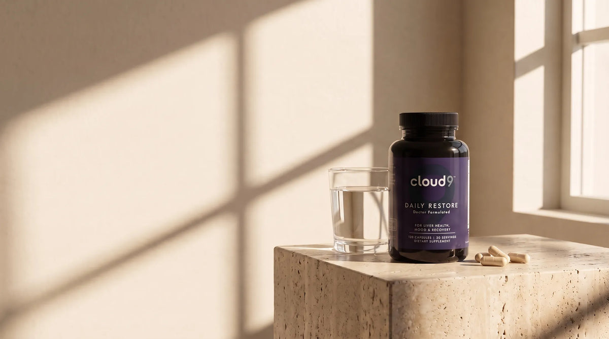 Daily Restore on a travertine block in early morning sun, with a glass of water and capsules