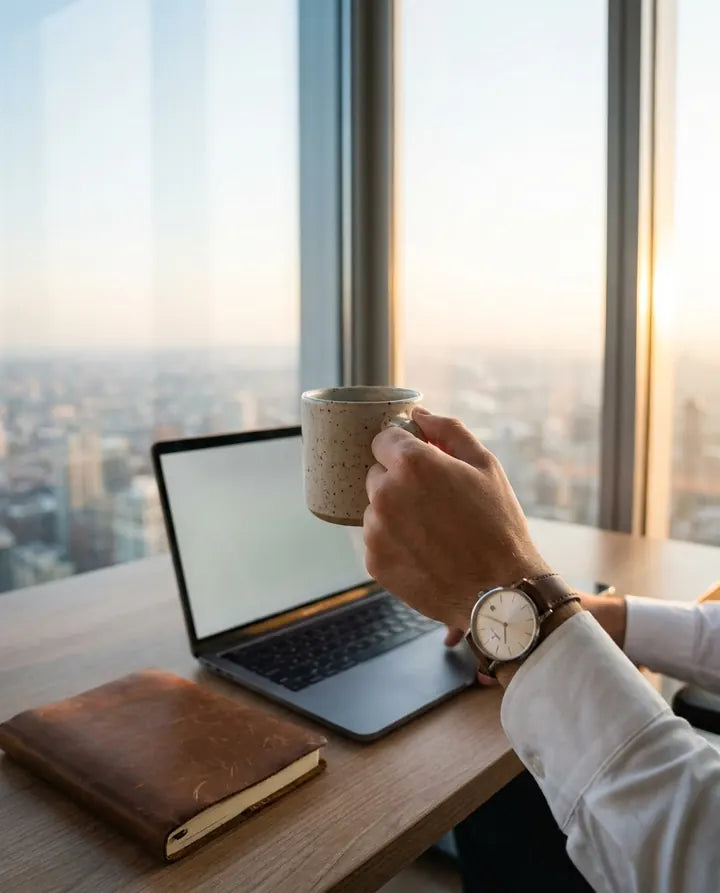 Morning coffee beside a laptop in a high-rise office