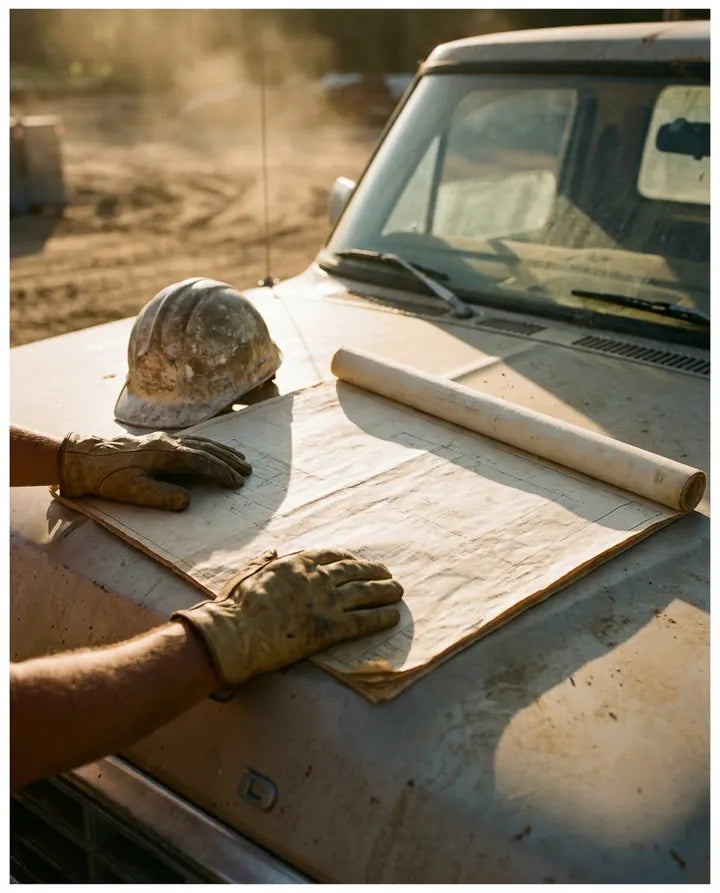 Gloved hands unrolling blueprints on a truck hood at a job site