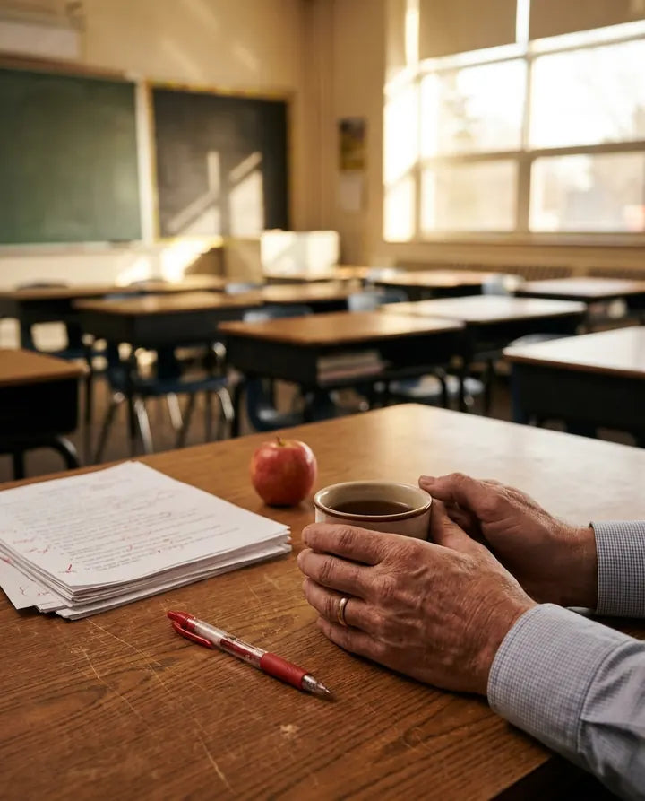 Hands around a mug of tea on a teacher's desk