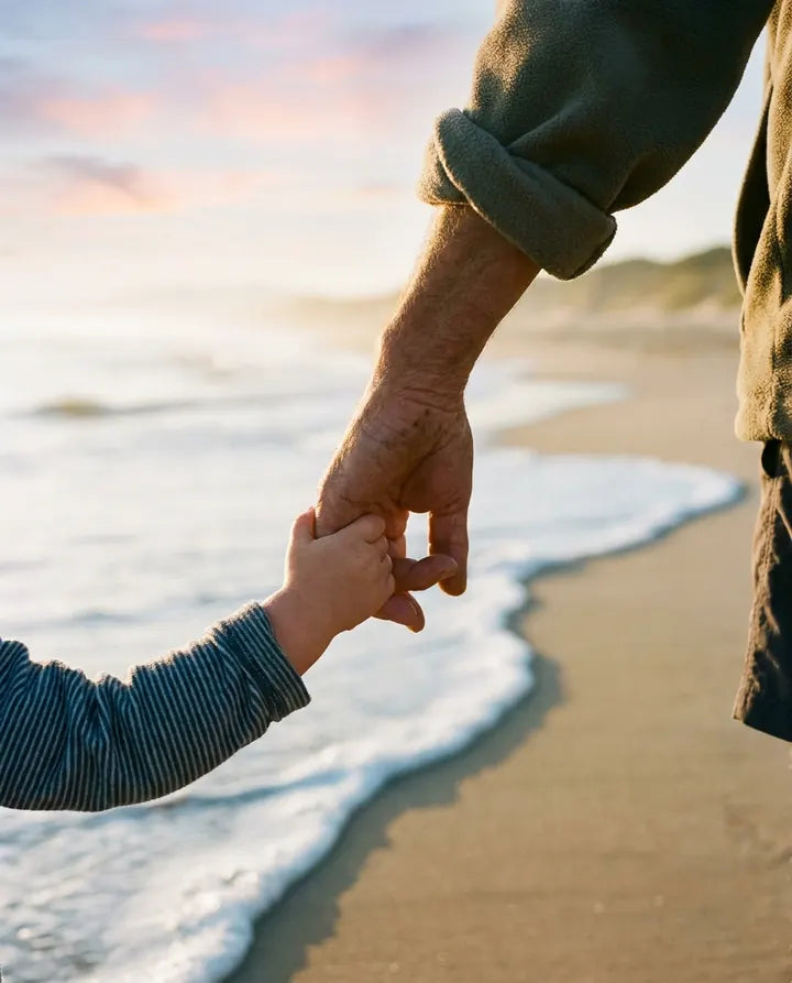 A grandparent holding a child's hand on the beach at sunrise