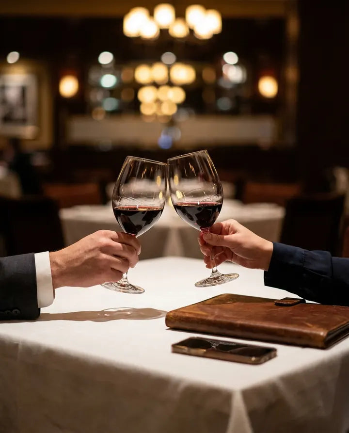 Wine glasses clinking at a client dinner