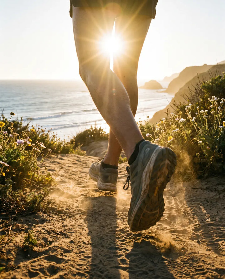 Walking a coastal path in morning sun